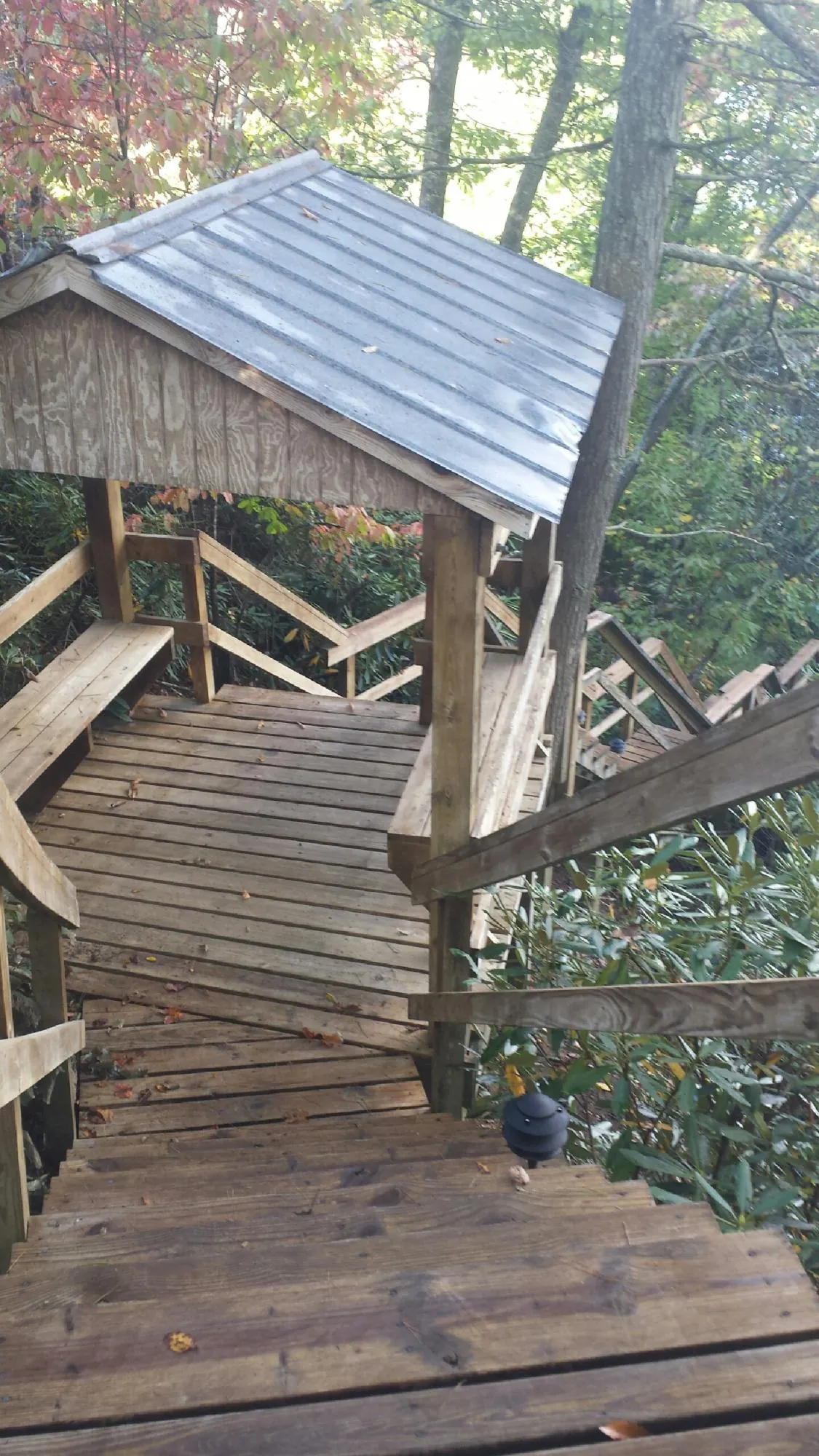Metal roofed shelter over wooden steps on a wooded walkway — Skylight Repair & Installation work by our crew in Granite City